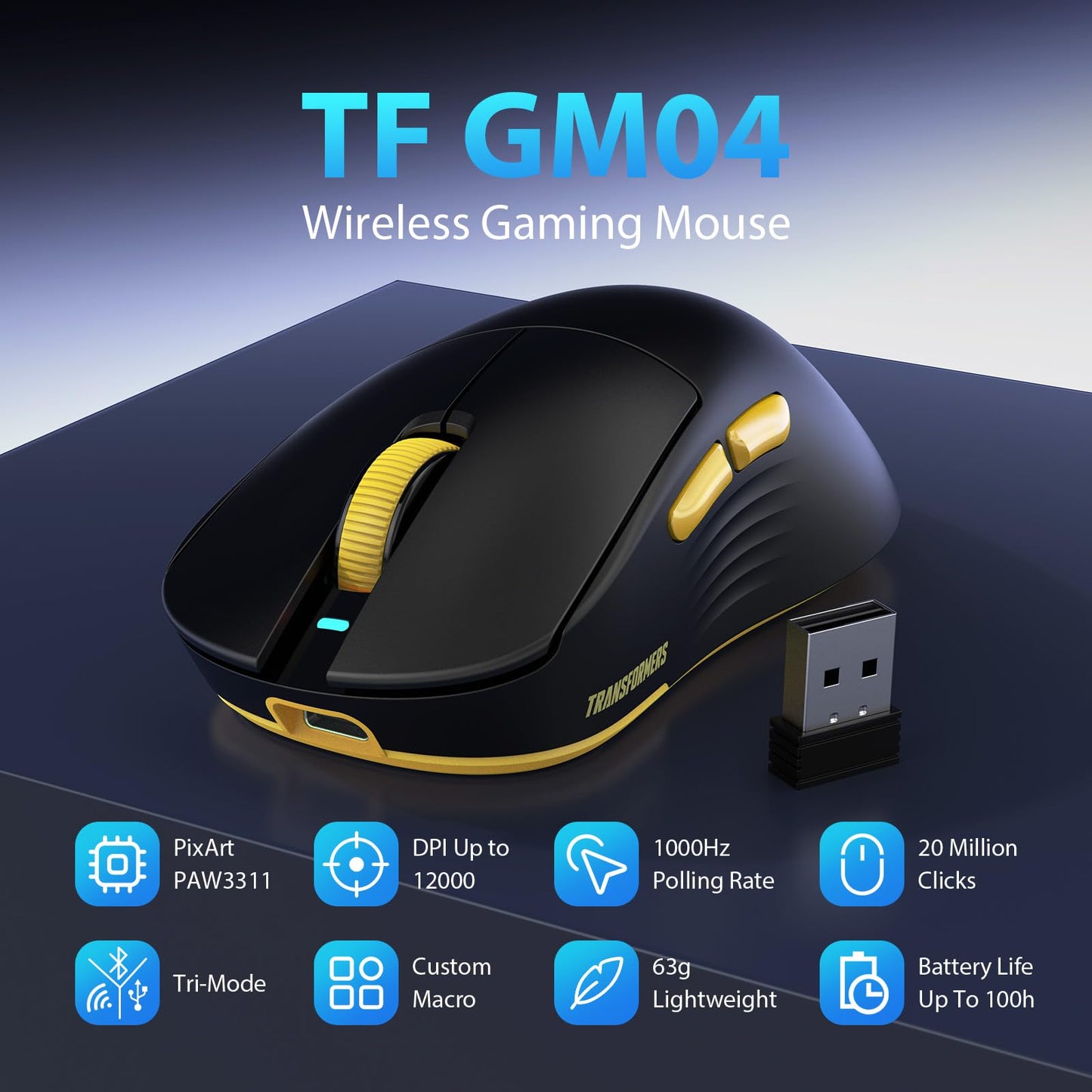 Transformers GM04 Wireless Gaming Mouse, 12000 DPI, 100h Battery Life, 5 Programmable Buttons, Black