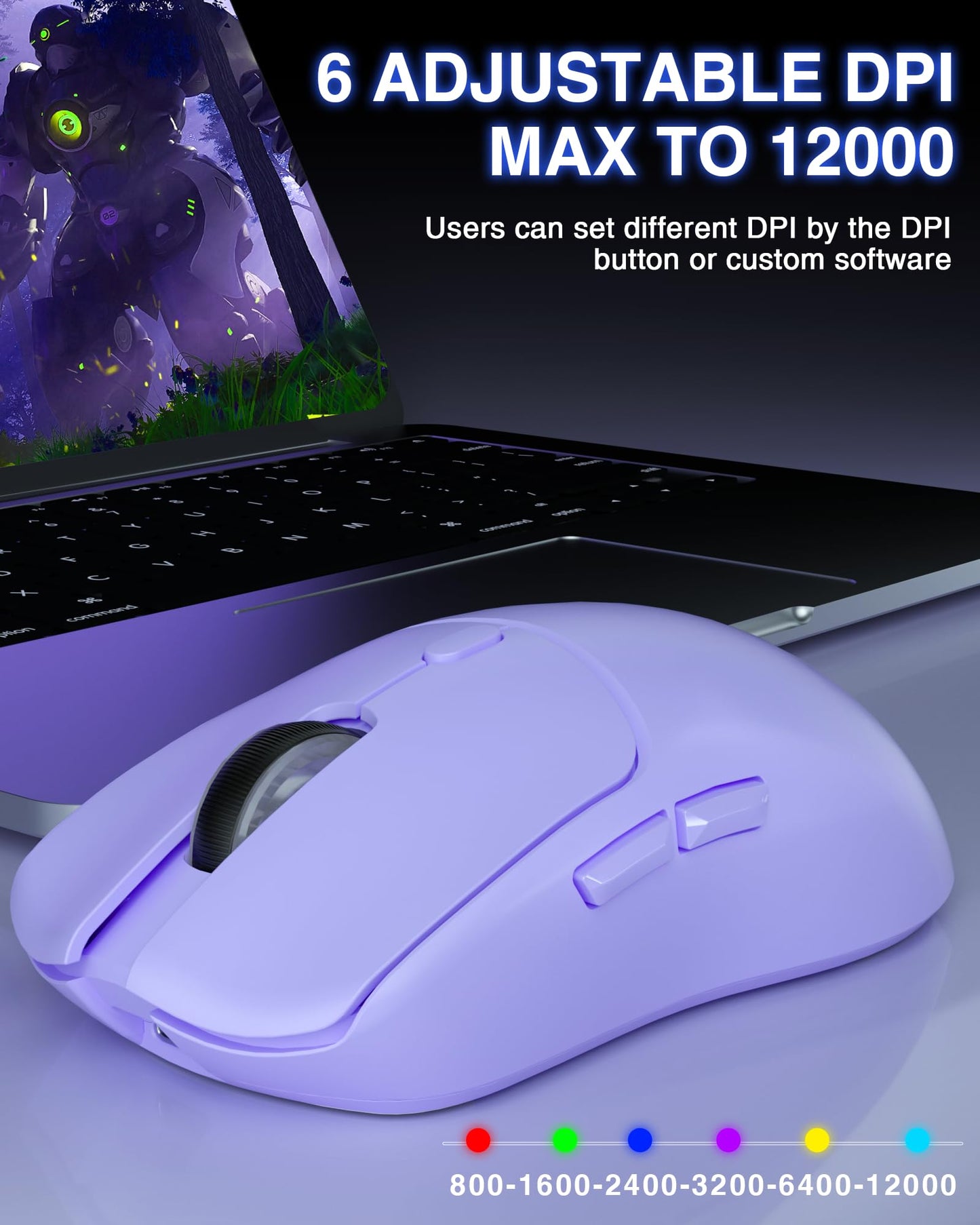AULA SC580X Wireless Gaming Mouse - Tri-Mode 2.4G/BT5.0/USB-C, 12000 DPI, Light Purple, Rechargeable, 6 Programmable