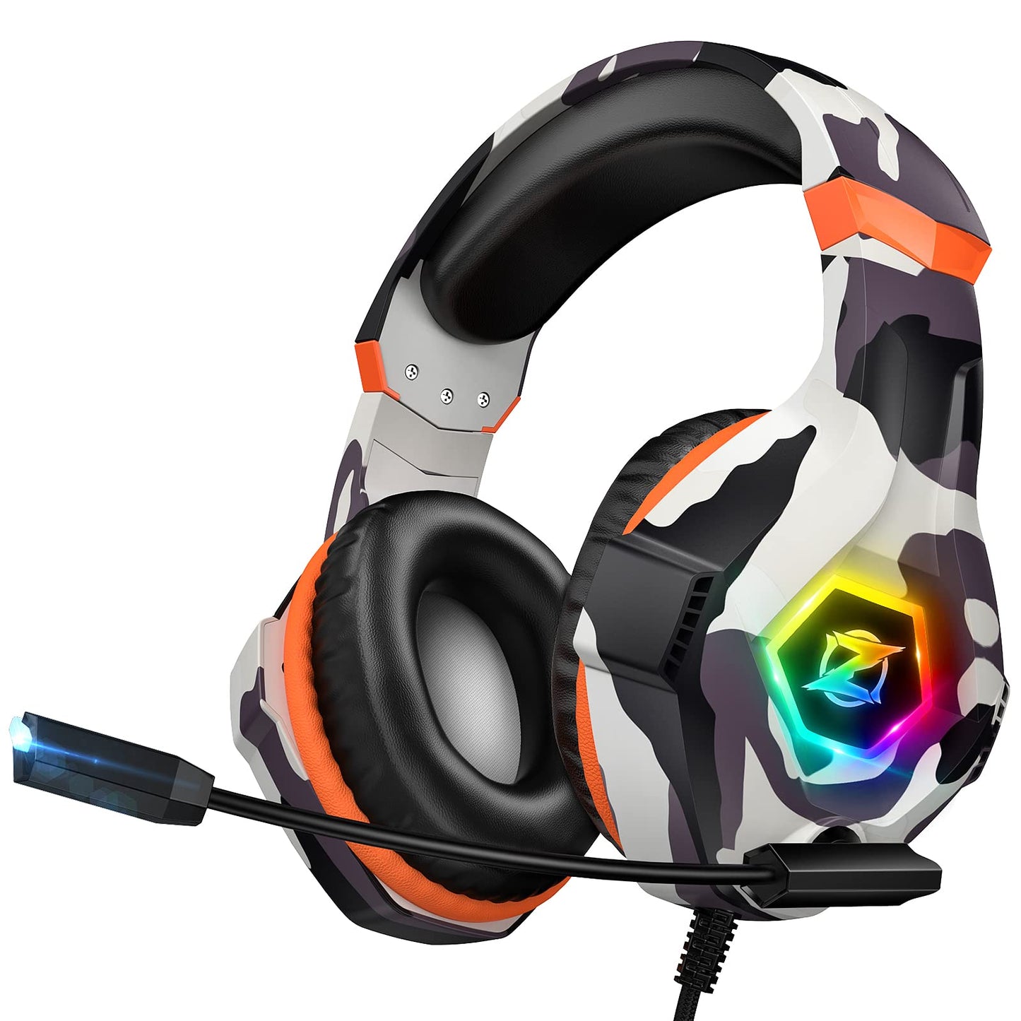Ozeino Gaming Headset - 7.1 Surround Sound, Noise Cancelling Mic, RGB Light, Over Ear, Camo, Model ZW1 for PC, PS4, PS5,