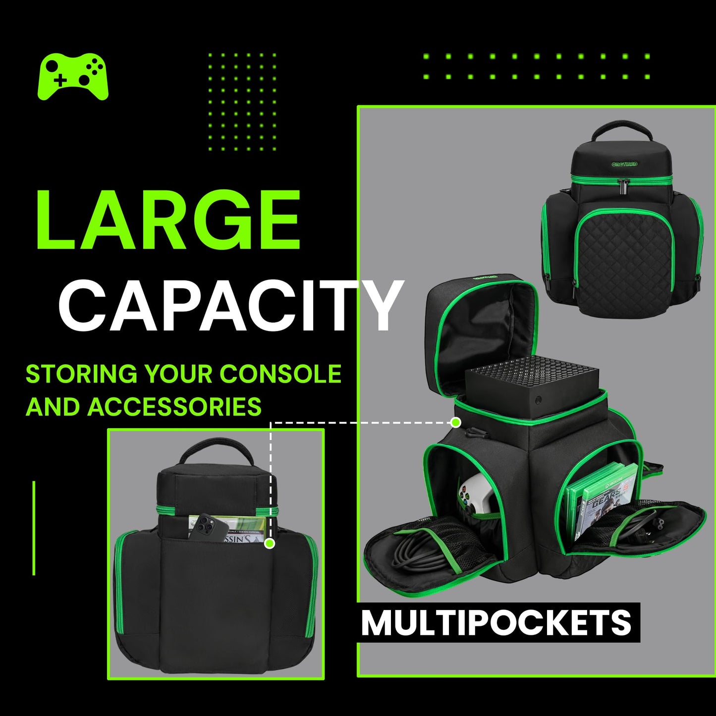 CROTIRAD Carrying Case for Xbox Series X - Travel Bag with Storage Pockets, Black, Model 202402101