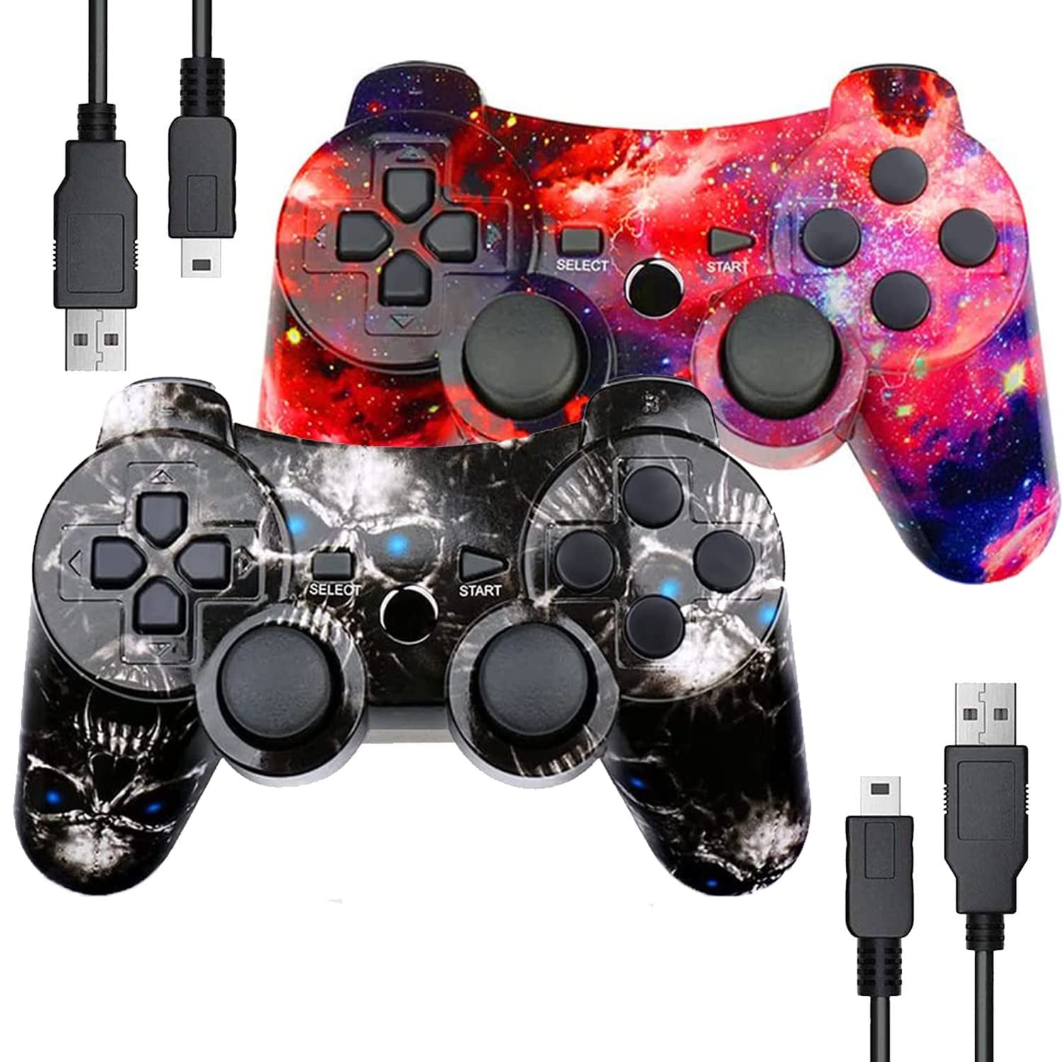 PS3 Controller 2 Pack Wireless Motion Sense Dual Vibration Upgraded Gaming Controller for Sony Play Station 3 with Charging Cord (Black and Red)