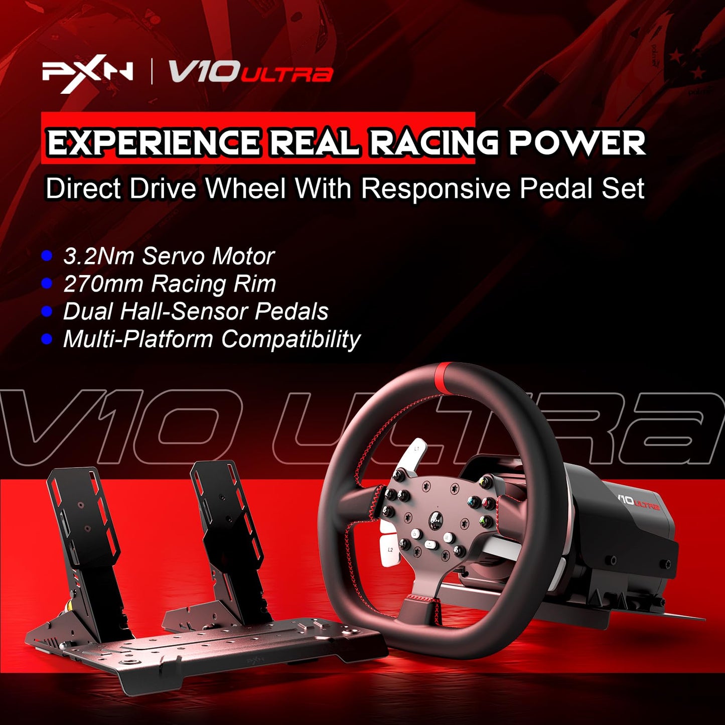 PXN V10 Ultra Gaming Steering Wheel & Pedals, 3.2Nm Force Feedback, 10.6-inch Rim, Black, Compatible with Xbox, PS4, and PC