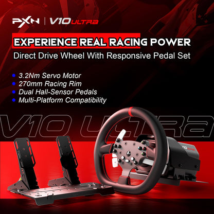 PXN V10 Ultra Gaming Steering Wheel & Pedals, 3.2Nm Force Feedback, 10.6-inch Rim, Black, Compatible with Xbox, PS4, and PC