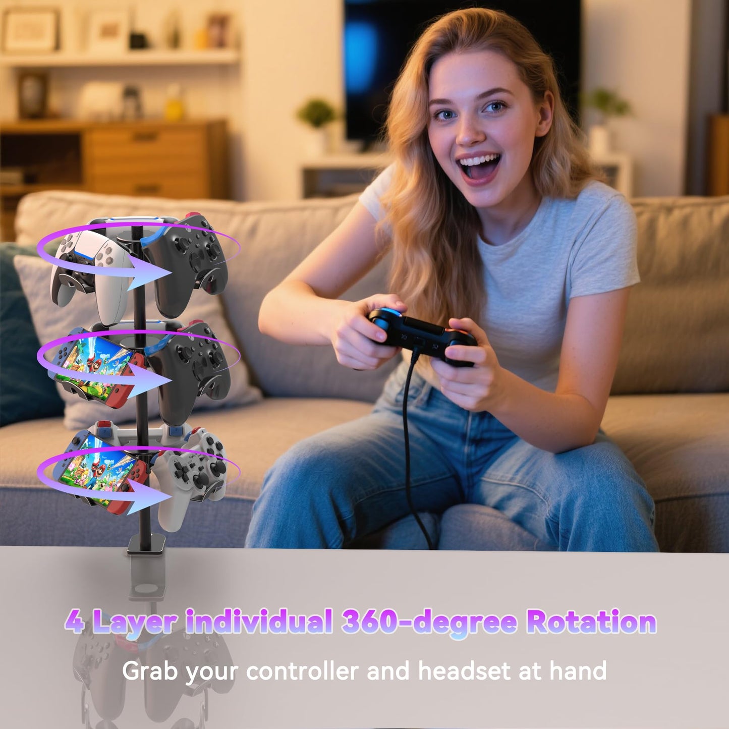 DGPCT Rotatable 4 Tier Desk Clamp Headset Stand for PS5, Xbox, PC - Black Aluminum Gaming Headphone Hanger