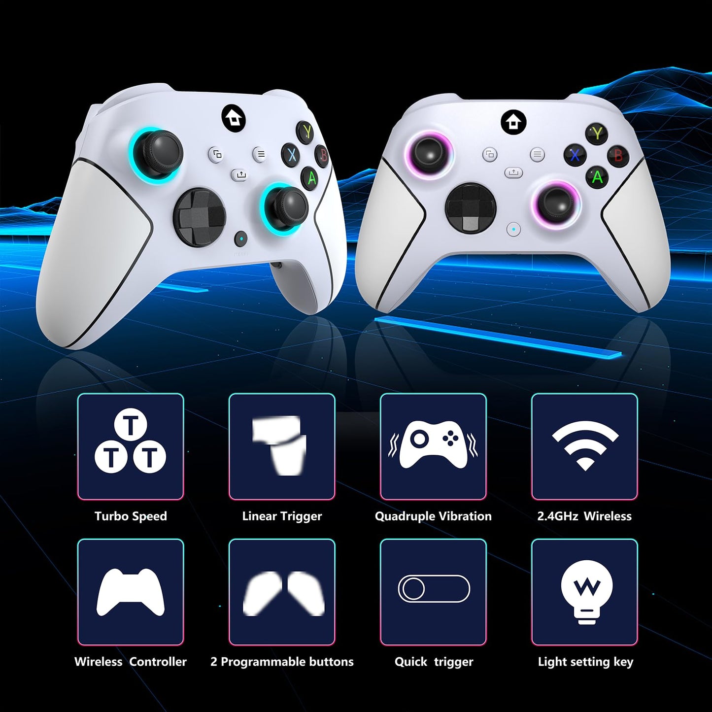 YUYIU Wireless 2.4GHz Xbox Controller with RGB Light, 1000mAh Battery, Dual Vibration, Turbo, 3.5mm Audio Jack - Pearl White