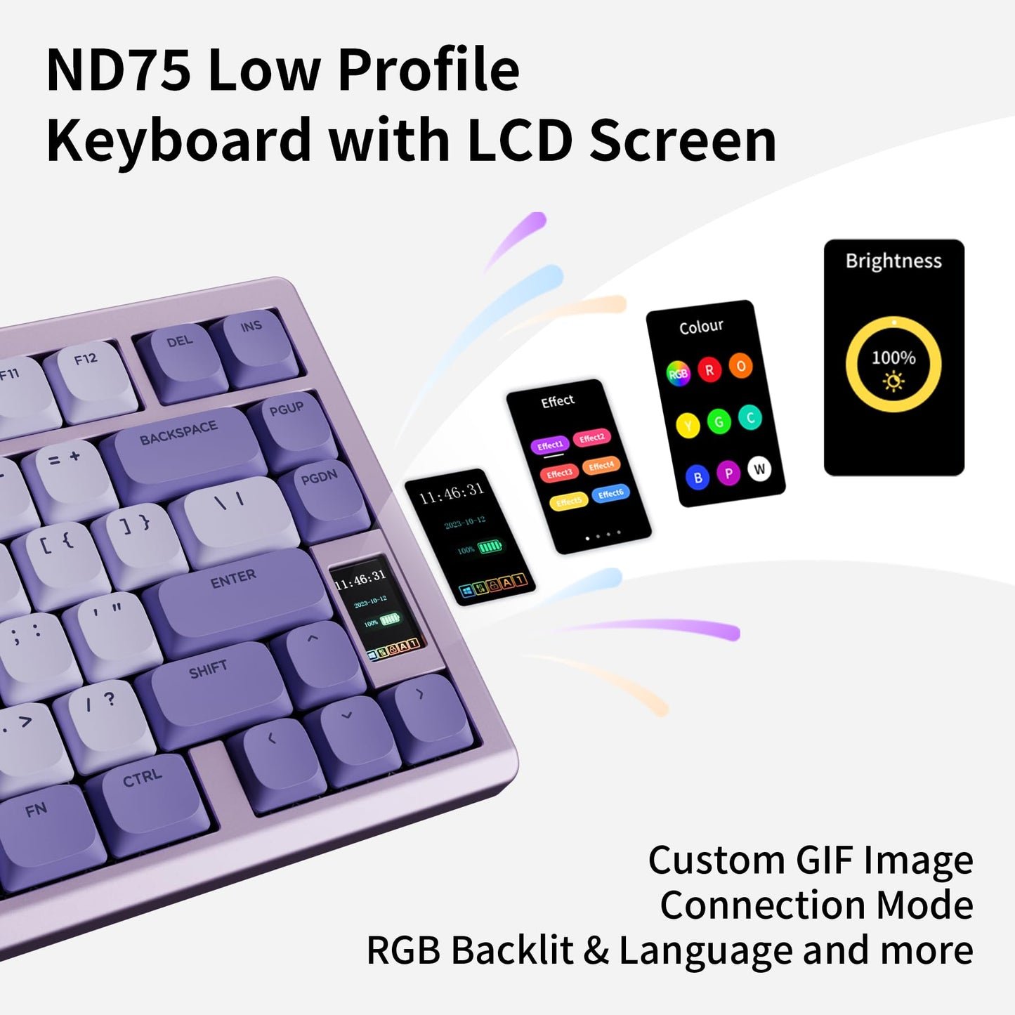 OOCTPK Mechanical Keyboard - Chilkey ND75 LP Wireless, LCD Screen, RGB Custom, UltraThin, Purple, PC/Mac Compatible
