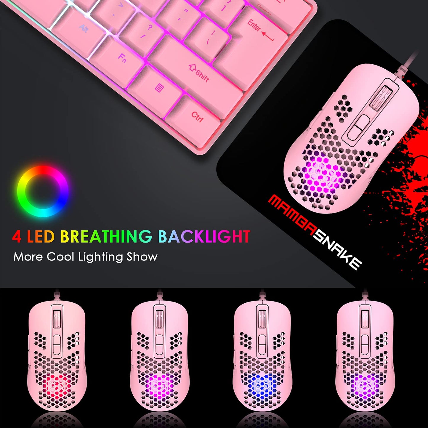 KUIYN Ultralight Wired Gaming Mouse - Honeycomb Shell, 4 RGB Lighting, 4 Adjustable DPI, Pink