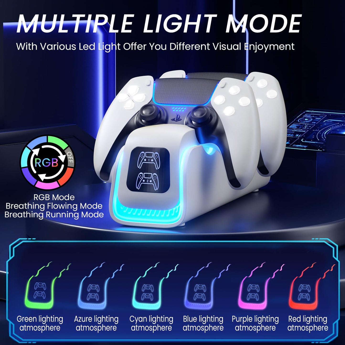 Cocubal PS5 Controller Charger Dock - DualSense Edge with 6 LED, RGB Mode, Overcharge Protection, Grey
