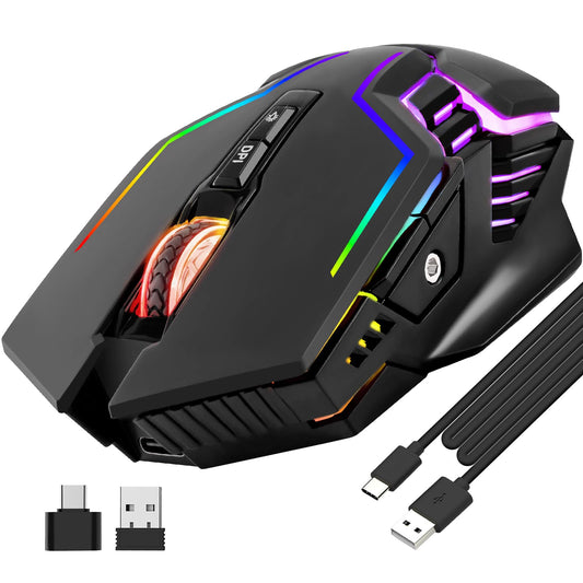CHONCHOW Wireless Gaming Mouse for PC  RGB Backlit  12 Light Modes  2.4G Receiver/USB-C  Up to 3200 DPI  Rechargeable Wireless Computer Mice with 58inch Charge Cable for Laptop/Windows/PS4 Gamer-Black
