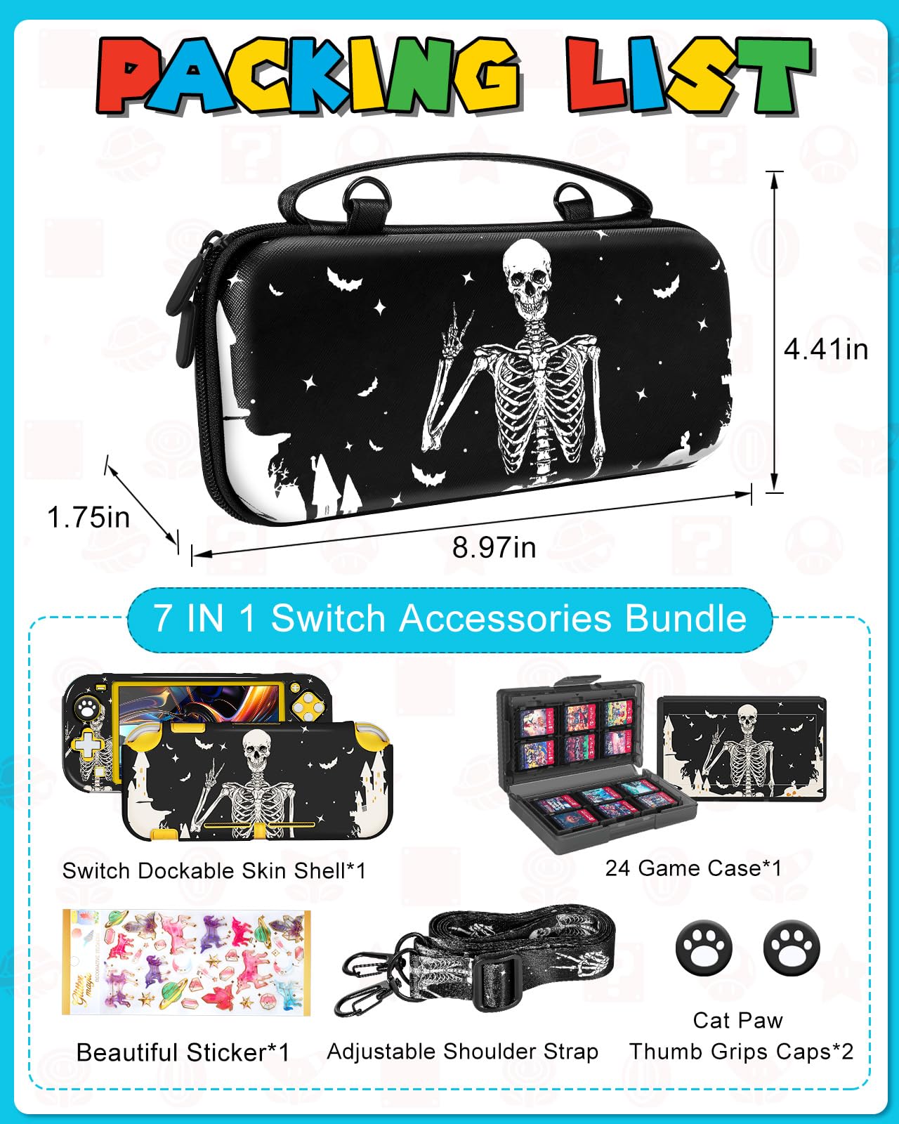 Gurgitat 7in1 Skull Switch Lite Case - Hard Protective Cover, Dockable, Includes Thumb Grips & Shoulder Strap, Black Skull Design
