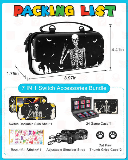 Gurgitat 7in1 Skull Switch Lite Case - Hard Protective Cover, Dockable, Includes Thumb Grips & Shoulder Strap, Black Skull Design