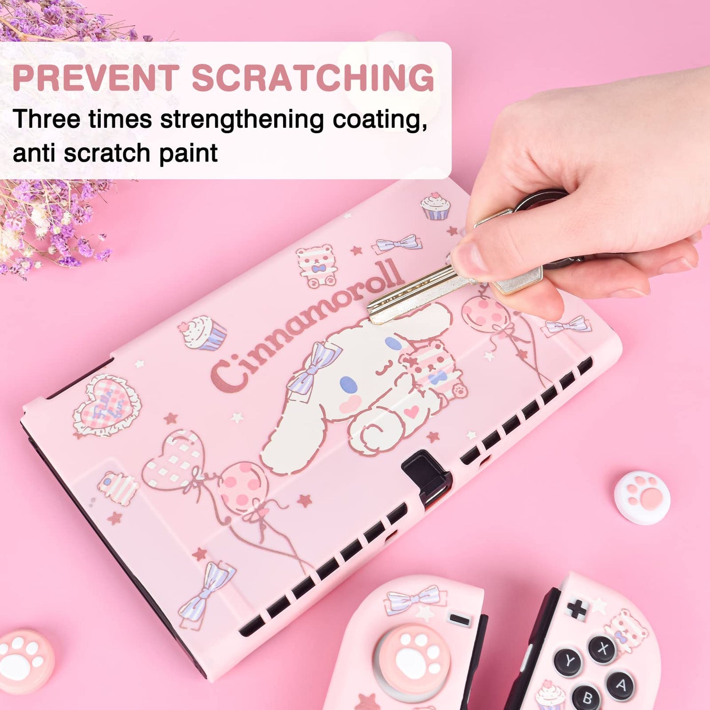DLseego Silicone Soft Cover for Switch OLED - Cute Dog Pink, Shockproof Case with 4PC Cat Claw Thumb Grips
