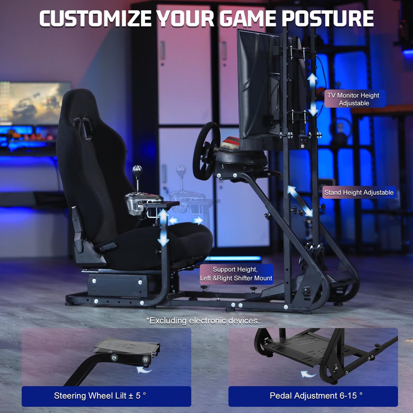 Marada Racing Simulator Cockpit Frame with TV Stand & Adjustable Black Seat for G923/G920/T500 - 30mm Size