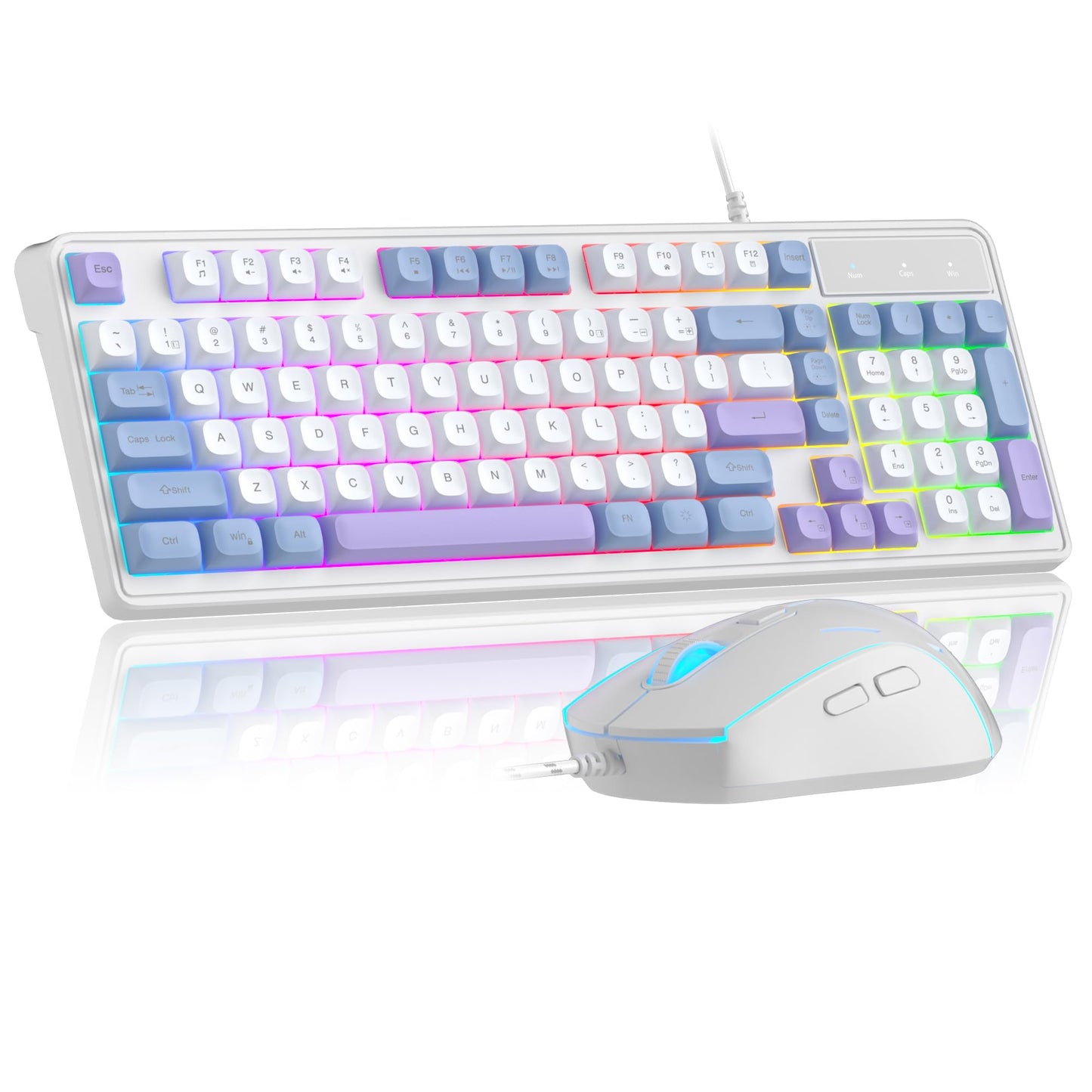 Wire Gaming Keyboard Creamy Keyboard and Mouse Combo  7 Colorful Rainbow Backlight Classic Gaming Keyboard (White & Blue & Purple)