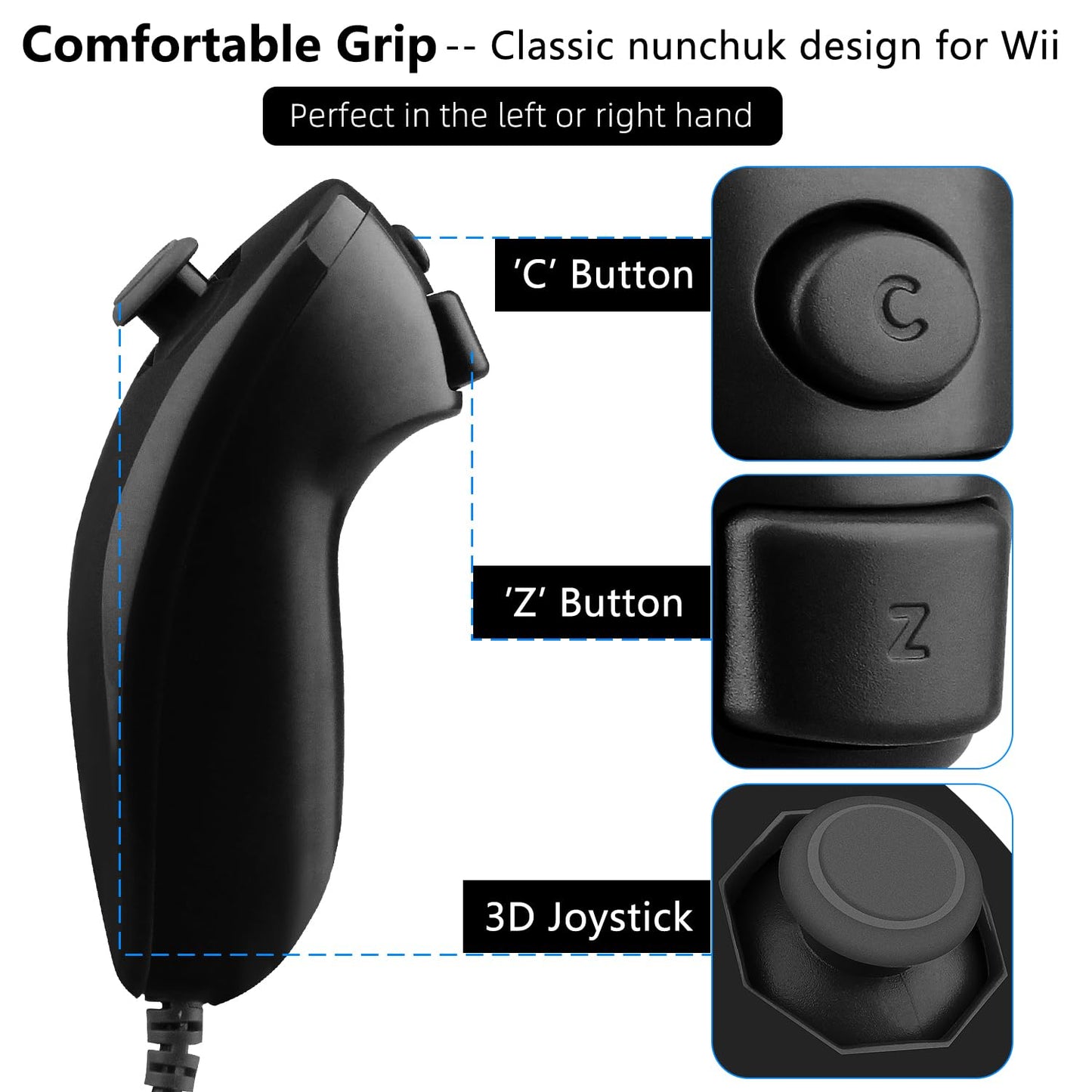 OSTENT Wired Nunchuck Controller for Nintendo Wii - Motion-Based, Black, Model Noir