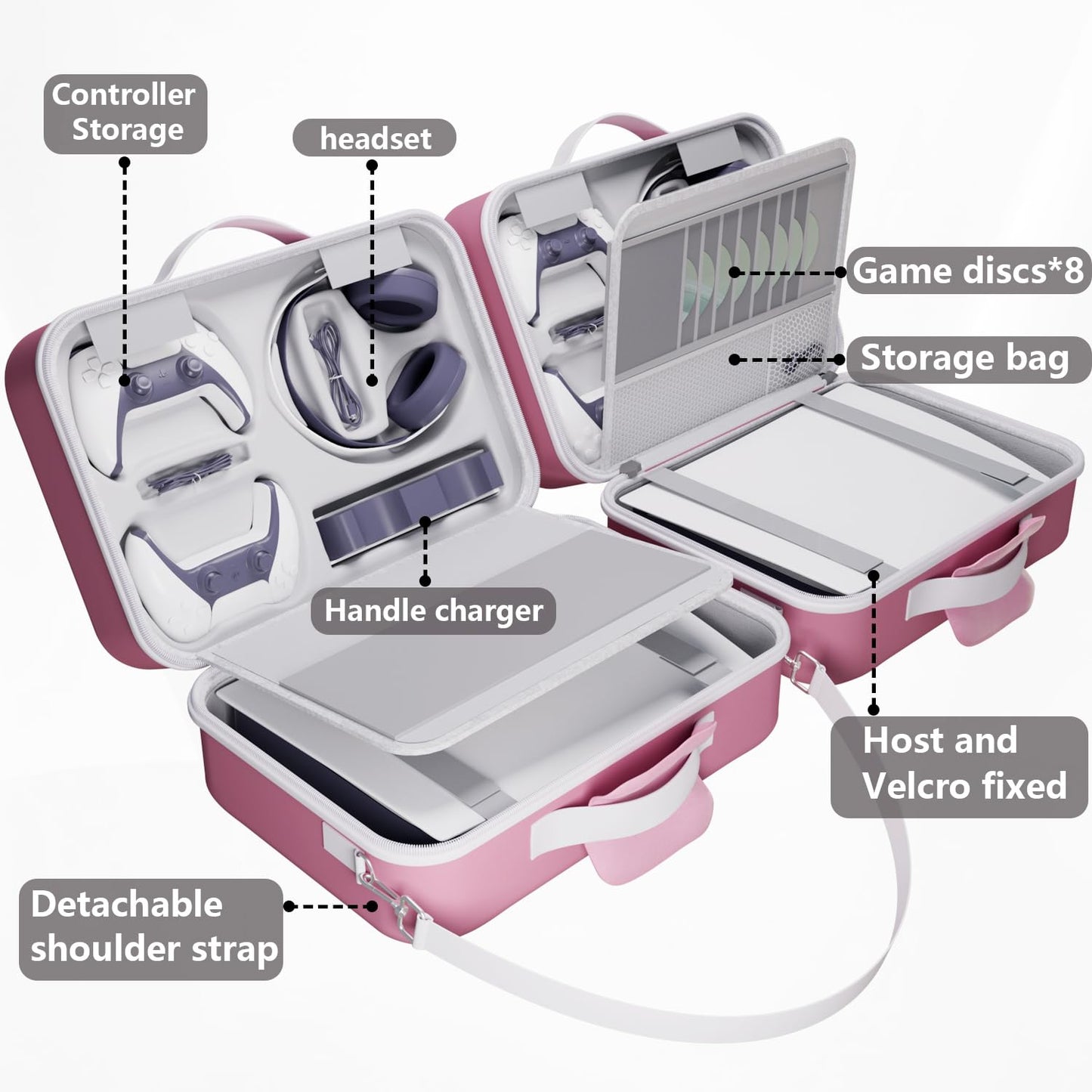 MOCADIA PS5 Travel Case - Hard Shell Carrying Bag for PS5 Console & Accessories - Pink