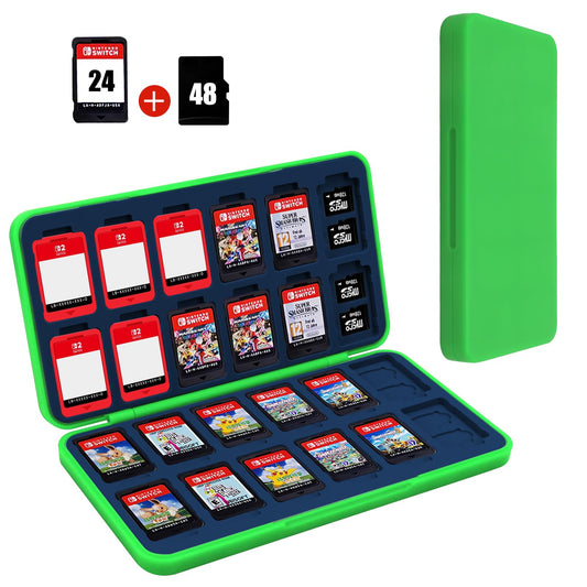 FYY Nintendo Switch Game Case Holder for Switch 2 refill unit Case with 24 Game Card sections & 48 Micro SD Card sections  Hard Shell  Silicone Lining Green Navy