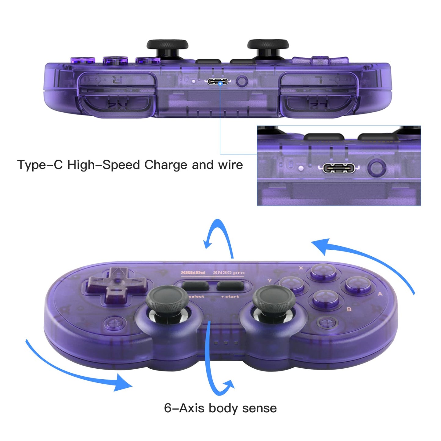 8Bitdo SN30 Pro Wireless Controller - Bluetooth, Rumble Vibration, USB-C, Compatible with Switch/Switch 2, Windows, Mac, Android - Crystal Purple