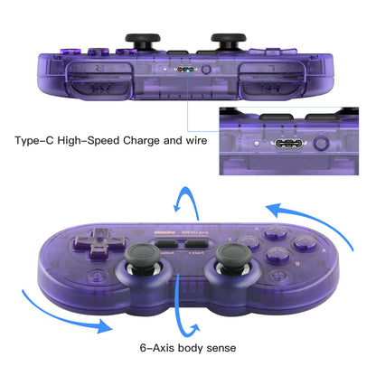 8Bitdo SN30 Pro Wireless Controller - Bluetooth, Rumble Vibration, USB-C, Compatible with Switch/Switch 2, Windows, Mac, Android - Crystal Purple