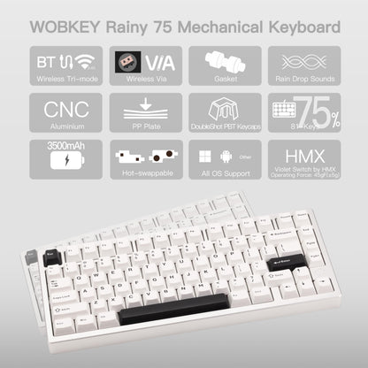 KEEBMONKEY Mechanical Keyboard - Rainy 75, Triple-Mode Connectivity, Violet Switch, Lite - Silver