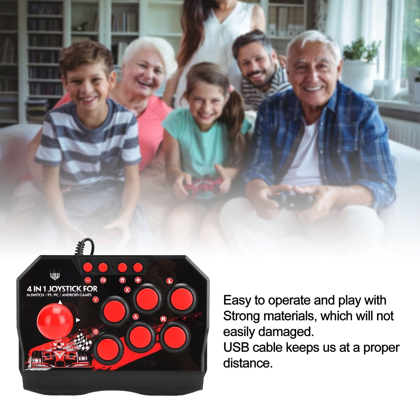 PUSOKEI Universal Nostalgia Fight Stick - Ergonomic USB Wired Joystick for PC/Switch/PS3, Black and Red