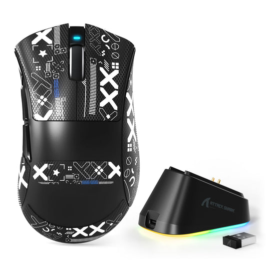 MAMBASNAKE Attack Shark V3 PRO 62g Superlight Wireless Gaming Mouse RGB Charging Dock BK52820 Tri-Mode BT/2.4G Wireless/Wired Mouse with Grip Tape 25000DPI 5 Programmable Buttons for Pc/Mac Black PRO