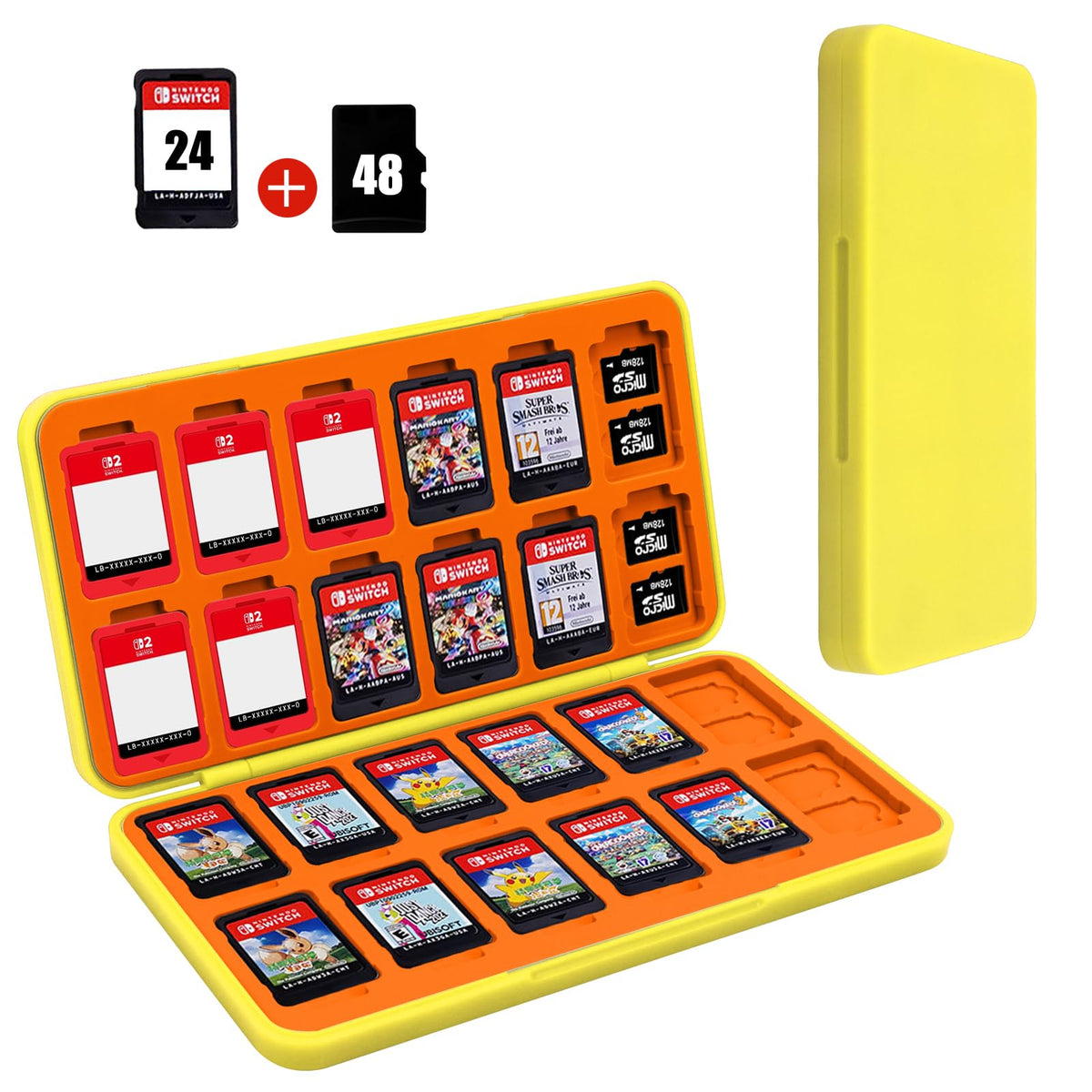FYY Nintendo Switch Game Case Holder for Switch 2 refill unit Case with 24 Game Card sections & 48 Micro SD Card sections  Hard Shell  Silicone Lining Yellow Orange