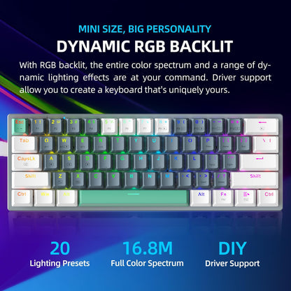 Machenike K500A-B61W Wireless Mechanical Gaming Keyboard, 61 Keys, Hot Swappable Brown Switch, RGB Backlit, White