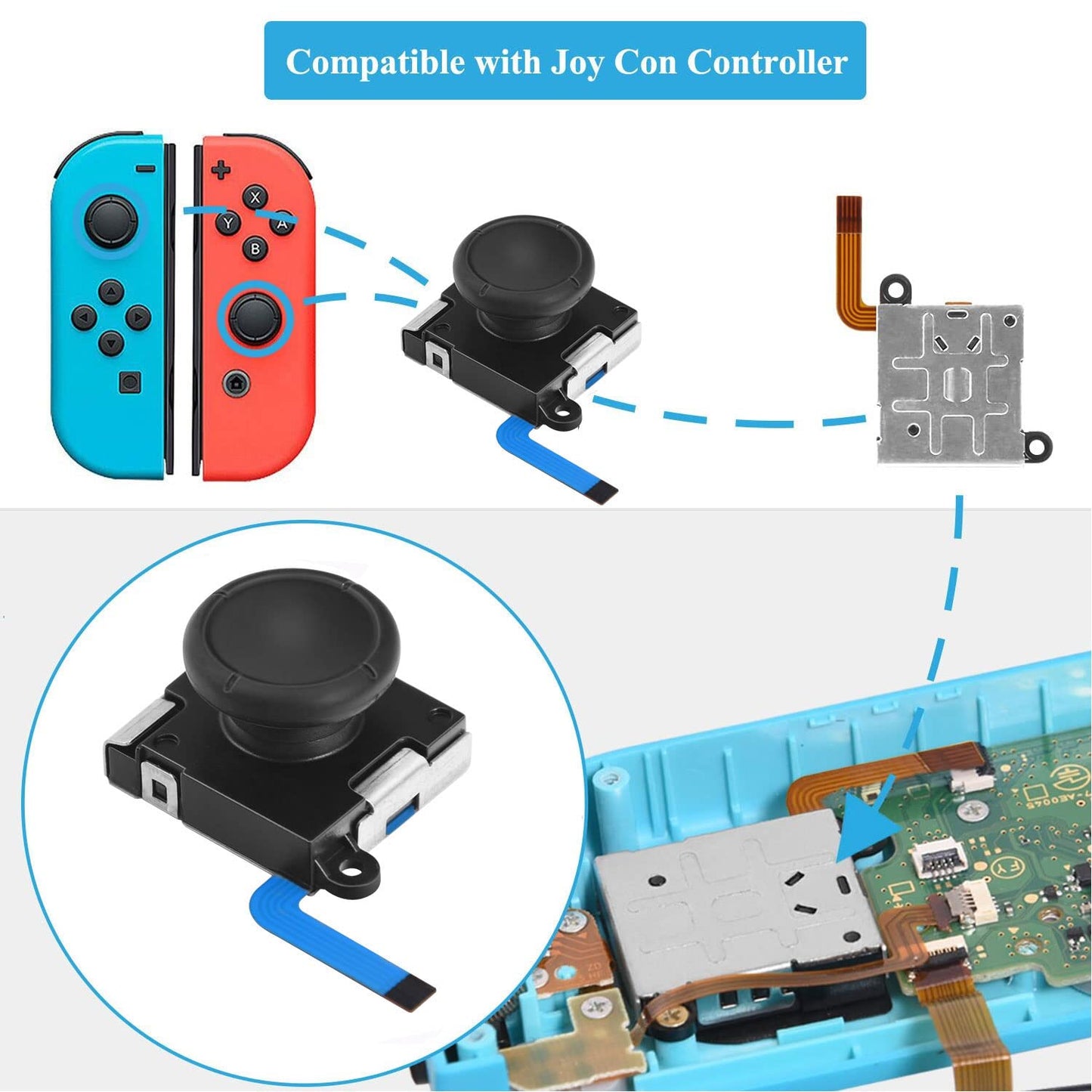 JAOYSTII Joycon Joystick Replacement 4 Pack - Black Analog Thumb Sticks for Switch Joy-Con & Lite Controllers with Grips & Screws