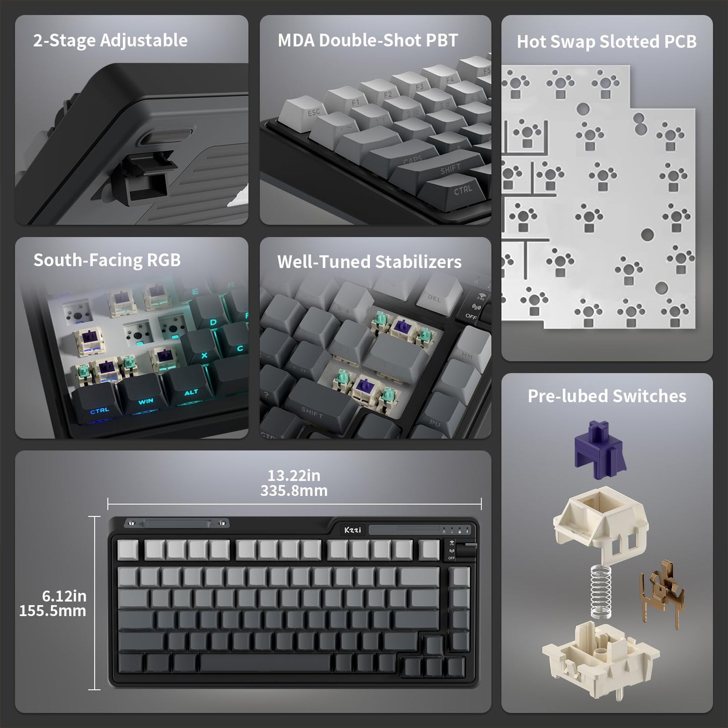 KZZI K75 Lite Wireless Mechanical Keyboard - 75% Gasket Mount, RGB, Hot Swappable, Aurora Black, 82 Keys, BT 5.0/2.4G/