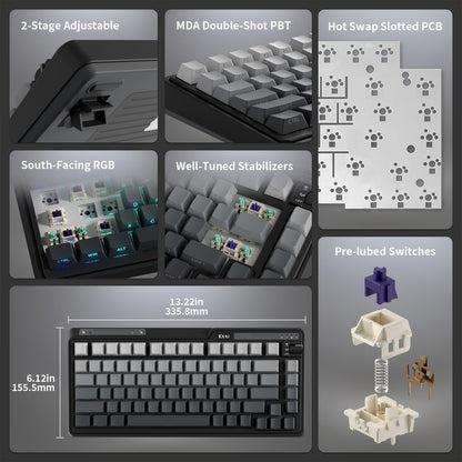 KZZI K75 Lite Wireless Mechanical Keyboard - 75% Gasket Mount, RGB, Hot Swappable, Aurora Black, 82 Keys, BT 5.0/2.4G/