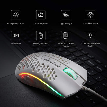 Redragon M808 Storm RGB Gaming Mouse - 12,400 DPI, 7 Buttons, Ultralight 85g, White