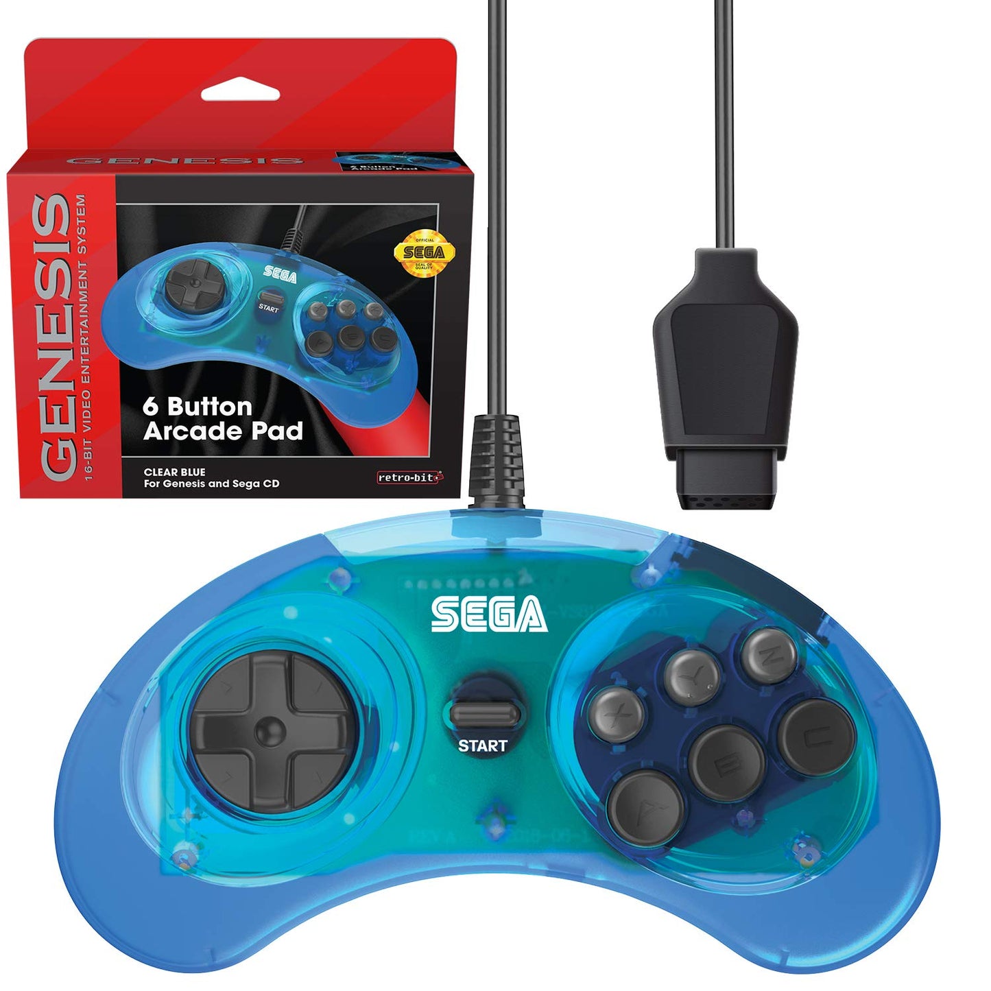 Retro-Bit Sega Genesis 6-Button Arcade Pad Controller - Original Port, Blue, Model 849172010222
