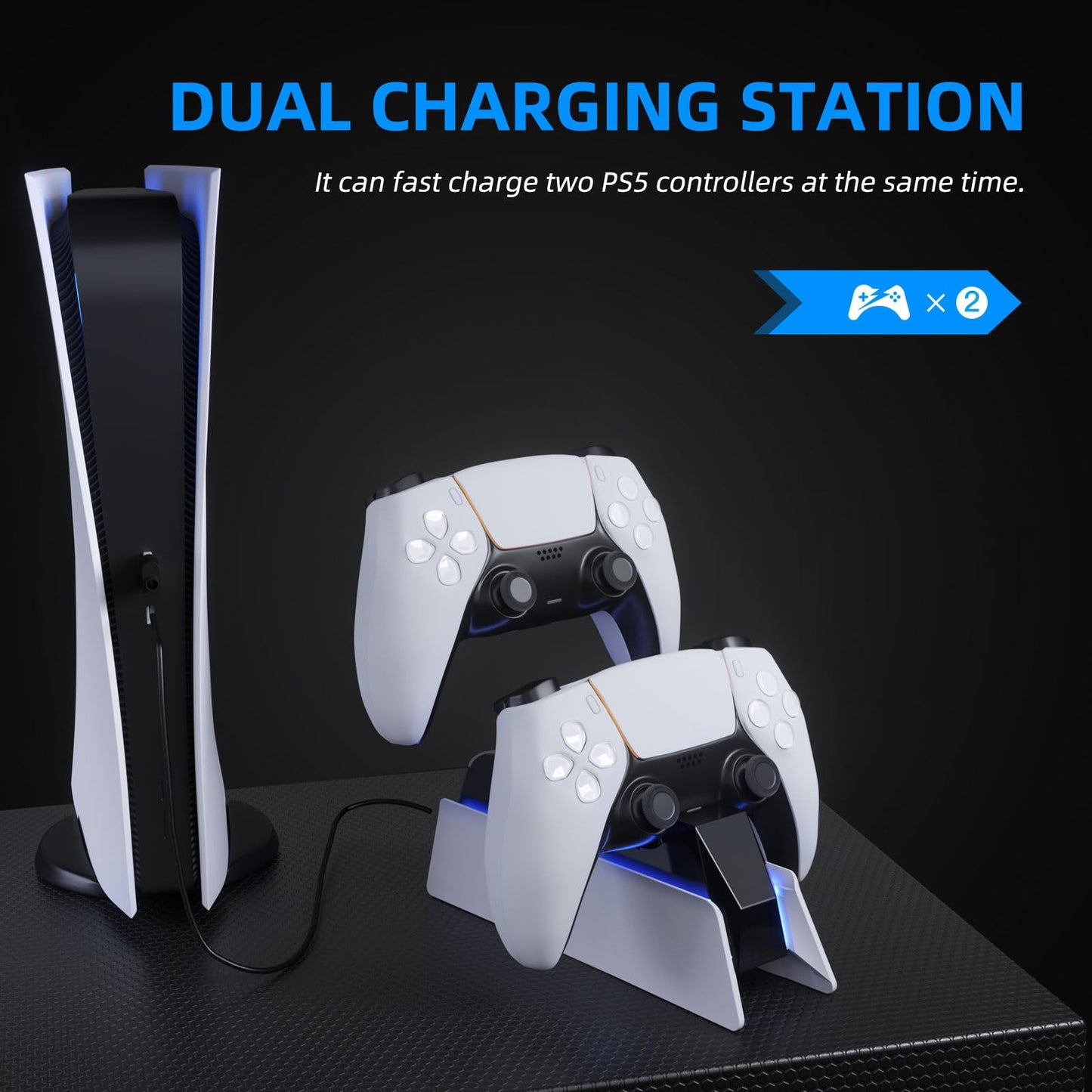 afbptek PS5 Controller Charger Station - Fast Dual Charging, White and Black, Model MRP0501, Blue LED Indicator