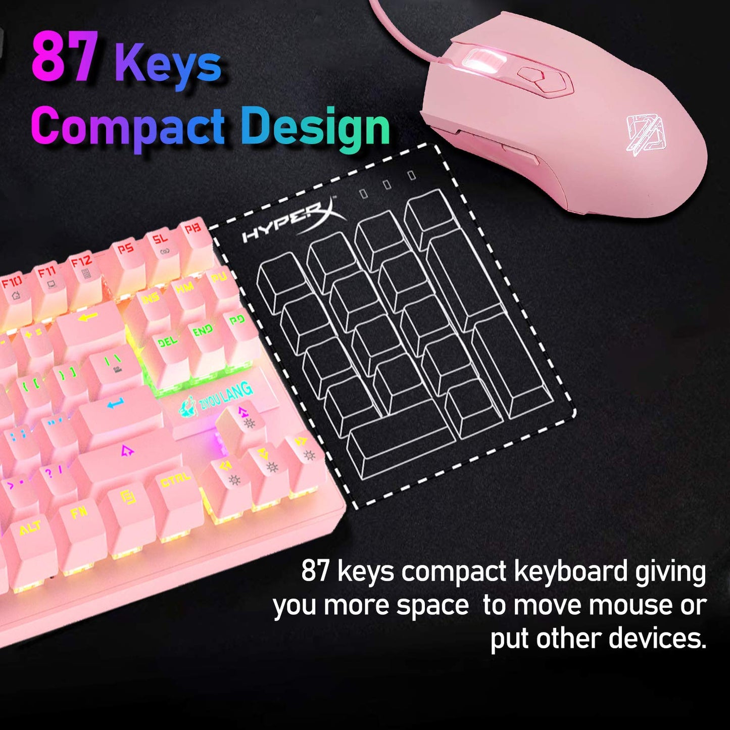 LexonElec K2 Mechanical Gaming Keyboard & Mouse Combo, 82 Keys, Blue Switch, Rainbow LED, Pink, Lightweight, 6400DPI Optical Mouse