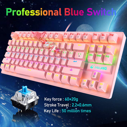 LexonElec K2 Mechanical Gaming Keyboard & Mouse Combo, 82 Keys, Blue Switch, Rainbow LED, Pink, Lightweight, 6400DPI Optical Mouse