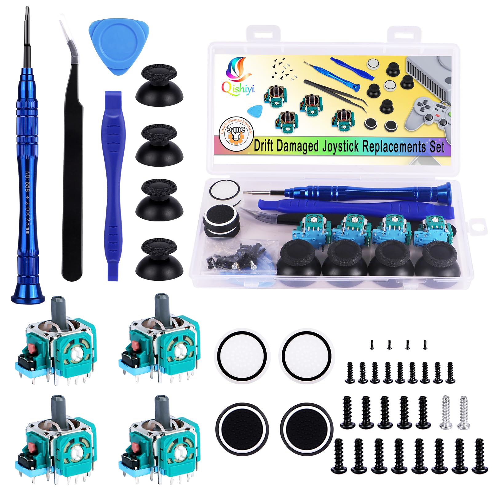 Qishiyi 4PCS 3D Analog Joystick Replacement kit for PS5 Controller Thumbsticks Repair Tool Kit with Repair Screwdriver Kit for Playstation 5 DualSense Wireless Controller