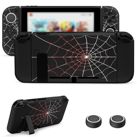 JINGDU Protective Compatible with Nintendo Switch 2017  TPU Case Accessory for Switch Console and Grip Joy-Con  Switch Protector with 4 Thumb Grips  Black Spider Web