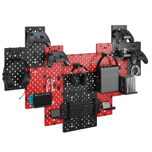 PEGZONE Controller and Headphone Holder Wall Mount  Modular Gaming Pegboard with Accessories  Controller Stand for Xbox PS5 PS4 Switch  Video Game Storage  Disc Shelf  14pcs Pegboard  Black & Red