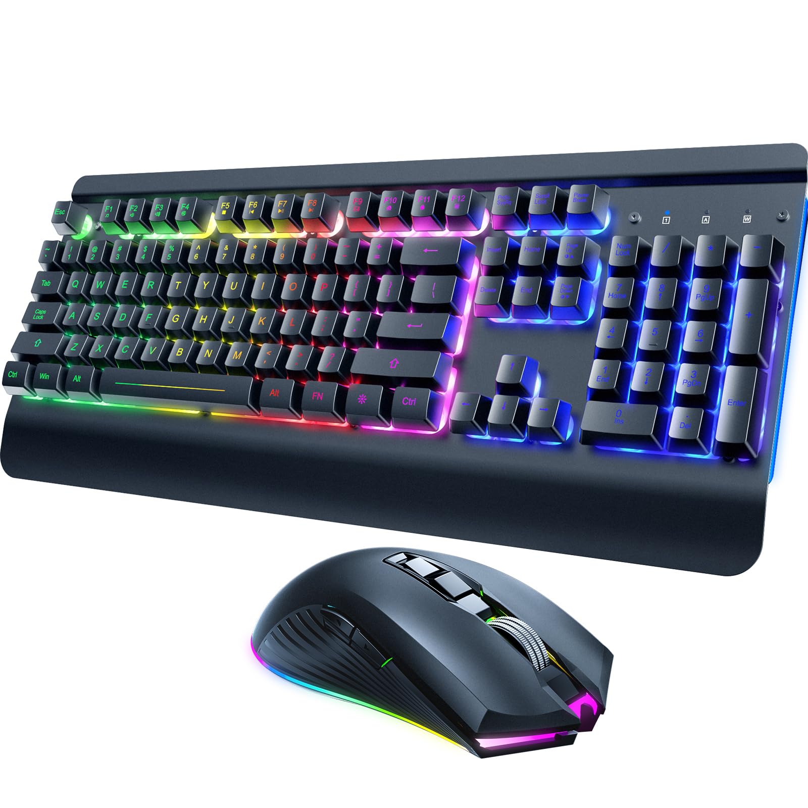 RisoPhy Wireless Gaming Keyboard and Mouse Combo  Metal Panel  7 Color Backlits  Rechargeable 3200 mAh Battery  Wrist Rest  Sleep Mode  Light Up Keyboard + 7D 3200DPI Gaming Mice for PC Gamer