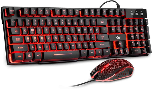Rii Gaming Keyboard and Mouse Set  3-LED Backlit Mechanical Feel Business Office Keyboard Colorful Breathing Backlit Gaming Mouse for Working or Primer Gaming Office Device (RK108)