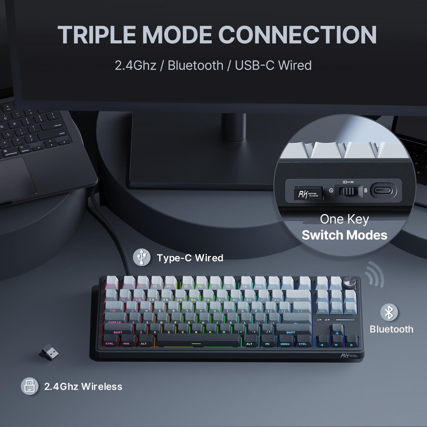 RK ROYAL KLUDGE R87 Pro Wireless 75% RGB Mechanical Gaming Keyboard - Bluetooth/2.4G/Wired, Grey, Hot Swappable Linear Switch