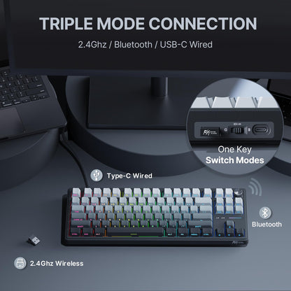 RK ROYAL KLUDGE R87 Pro Wireless 75% RGB Mechanical Gaming Keyboard - Bluetooth/2.4G/Wired, Grey, Hot Swappable Linear Switch