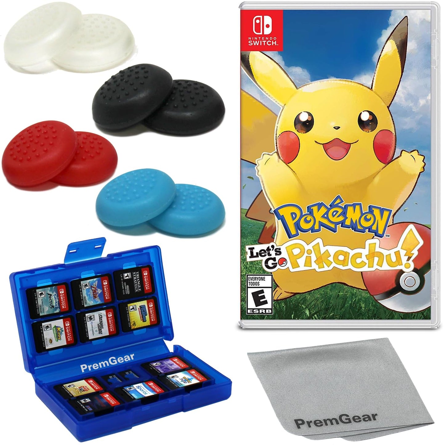 Pok?mon: Lets Go  Pikachu! for Nintendo Switch (US Version)  with PremGear Thumb Grips (8 pack - Black  Blue  Red & Clear)  24 Slot Game Card Holder & Cleaning Cloth