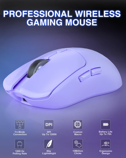 AULA SC580X Wireless Gaming Mouse - Tri-Mode 2.4G/BT5.0/USB-C, 12000 DPI, Light Purple, Rechargeable, 6 Programmable