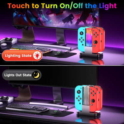 Wenocally Switch Controller Charger Dock for Joycons & OLED - 6 RGB Light Modes, Black, Model HW-S0012