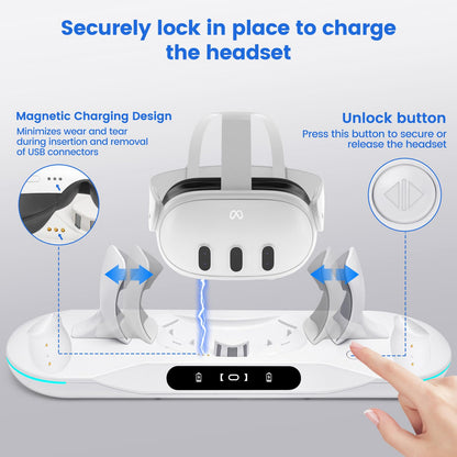 Lampelc Charging Dock for Meta Quest 3 - Auto-Clamping Fast Charge Station, White, Includes 2 Rechargeable Batteries, LED Display