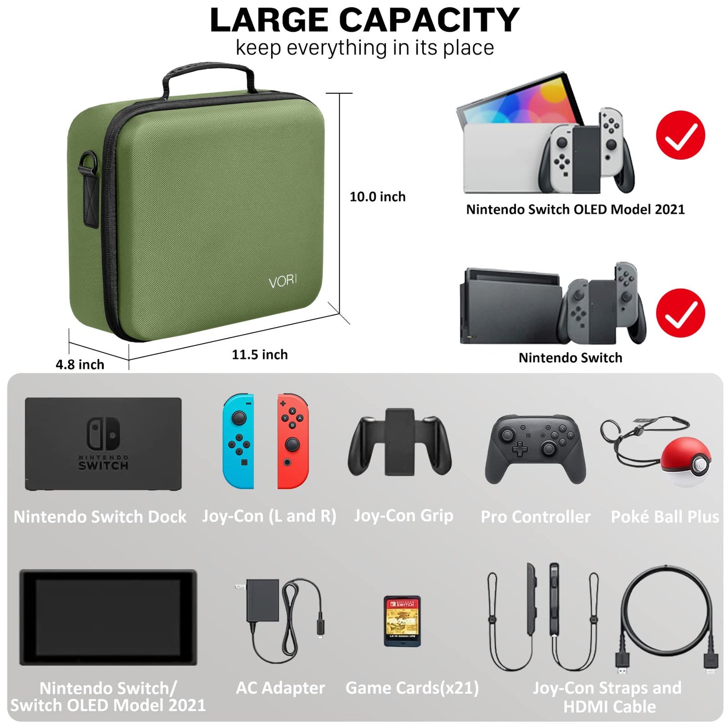 VORI Hard Travel Case for Nintendo Switch/OLED, Green, with Handle & Shoulder Strap, Fits Pro Controller & Accessories