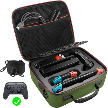 VORI Hard Travel Case for Nintendo Switch/OLED, Green, with Handle & Shoulder Strap, Fits Pro Controller & Accessories
