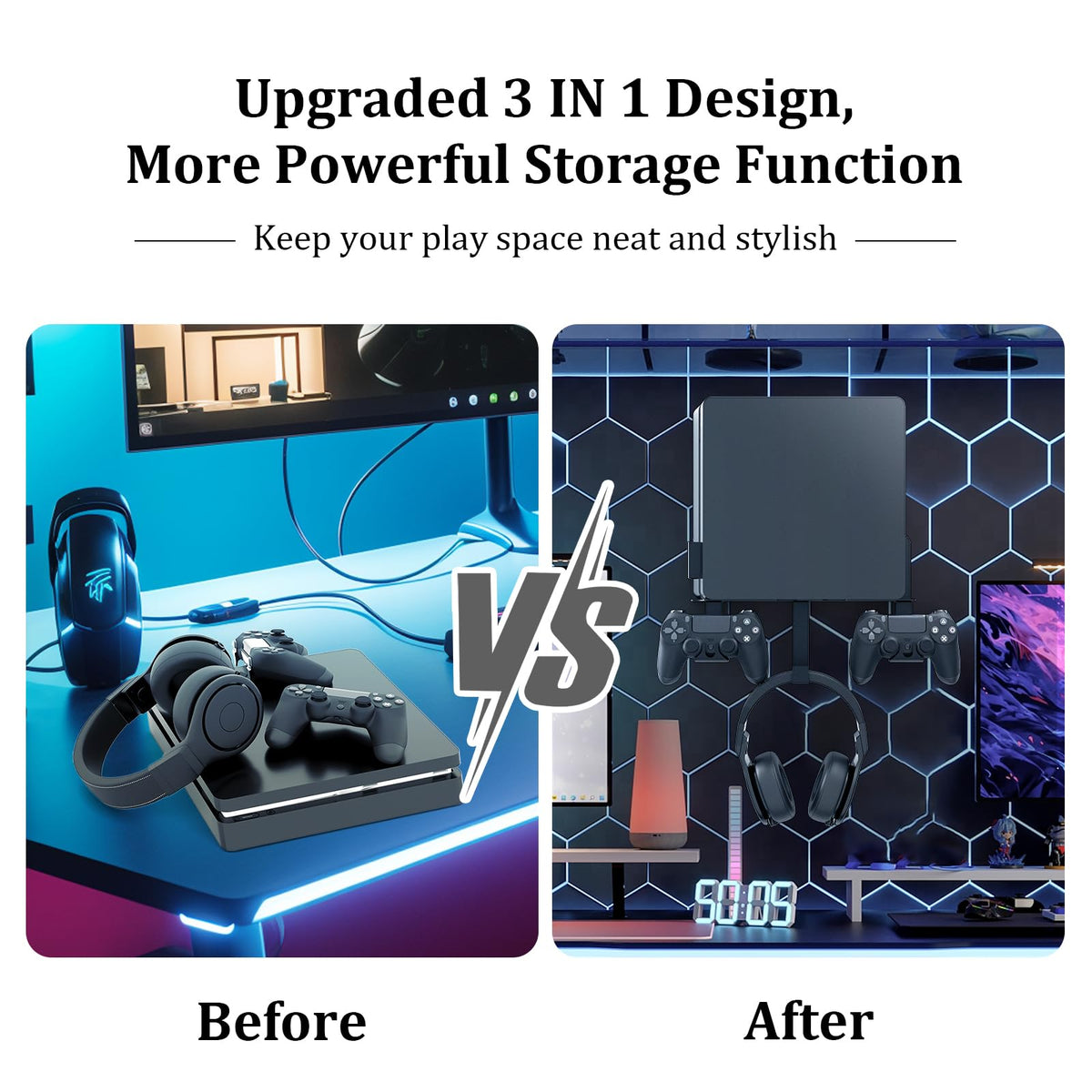 nymus Wall Mount for PS4 Slim with Controller Holder & Headphone Hanger, Metal, Black